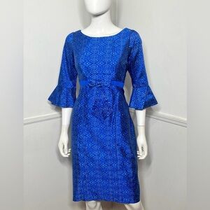 Large 1960s Vintage Blue Ikat Jacquard Sheath Dress